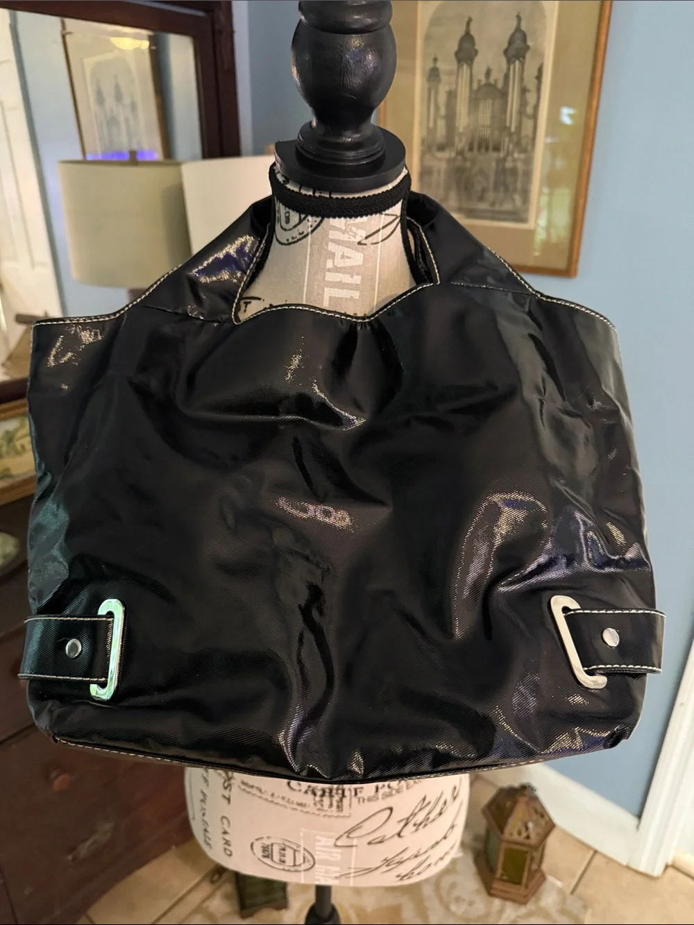 Maxx New York Black Patent PVC Tote Shoulder Bag White Contrast Stitch Y2K